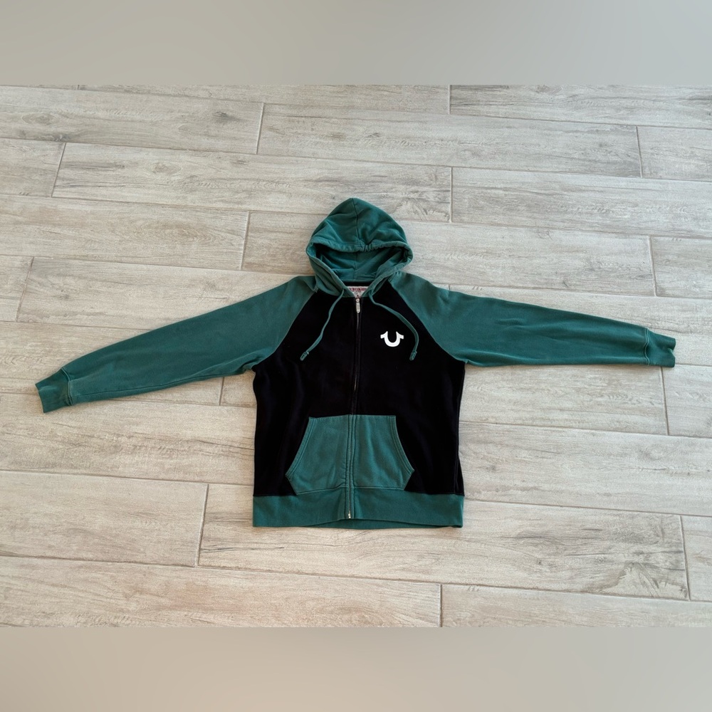 True Religion Hoodie Men's XL Zip Up Longsleeve Jacket Turquoise/Black (Vintage)